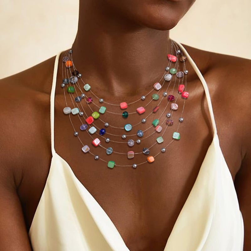 Errally Store Multi-Layer Boho Shell Beaded Necklace for Women Colorful Crystal Strand with Silver Beads Statement Collars Necklace and Earrings Costumes Jewelry Sets for Women - Image 3